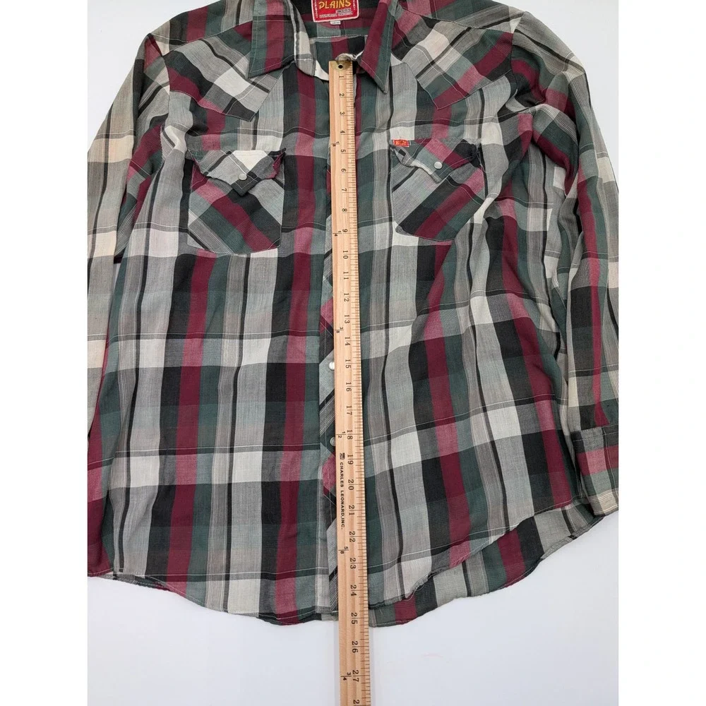 Ely Plains Vintage Western Pearl Snap Plaid Shirt Burgundy Green Mens 16.5 x‎ 34